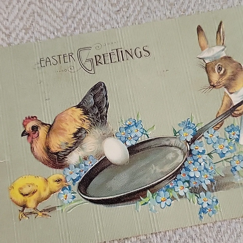1908 GERMAN Easter Greeting Embossed Post Card with Bizarre Rabbit and Chickens